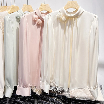 Spring French Style Women's Shirt – Standing Collar, Floral Design, Long Sleeve, Elegant Minimalist Top