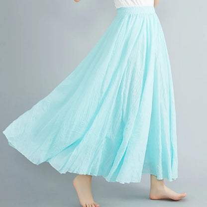 Women Loose Cotton Linen Elastic Waist A-line Solid Color Pleated Skirt