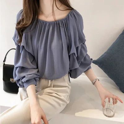 Women's Off-Shoulder Chiffon Blouse - Loose Lantern Sleeve Top Lara