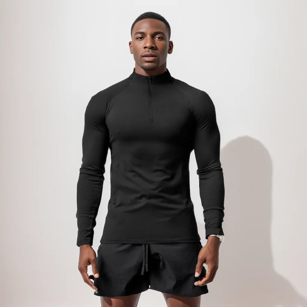 Men's High-Neck Half-Zip Compression Sweatshirt – Long-Sleeve Fleece Fitness Top for Winter Training, Gym, and Running