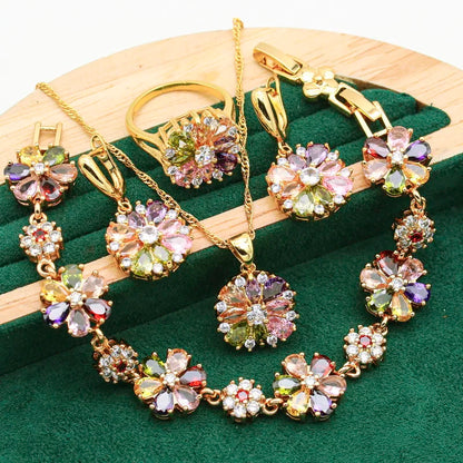 Gold-Plated Silver Wedding Jewelry Set for Women – Multi-Color Zircon Earrings, Bracelet, Pendant Necklace, and Ring Gift Aurelie