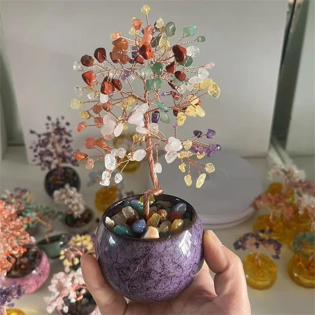 Natural Healing 7 Chakra Quartz Crystal Money Tree – DIY Ornaments with Copper Wire and Ceramic Bowl Base