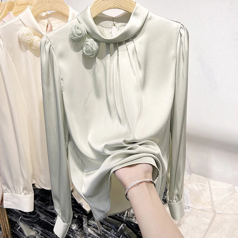 Spring French Style Women's Shirt – Standing Collar, Floral Design, Long Sleeve, Elegant Minimalist Top