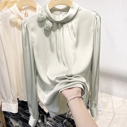 Spring French Style Women's Shirt – Standing Collar, Floral Design, Long Sleeve, Elegant Minimalist Top