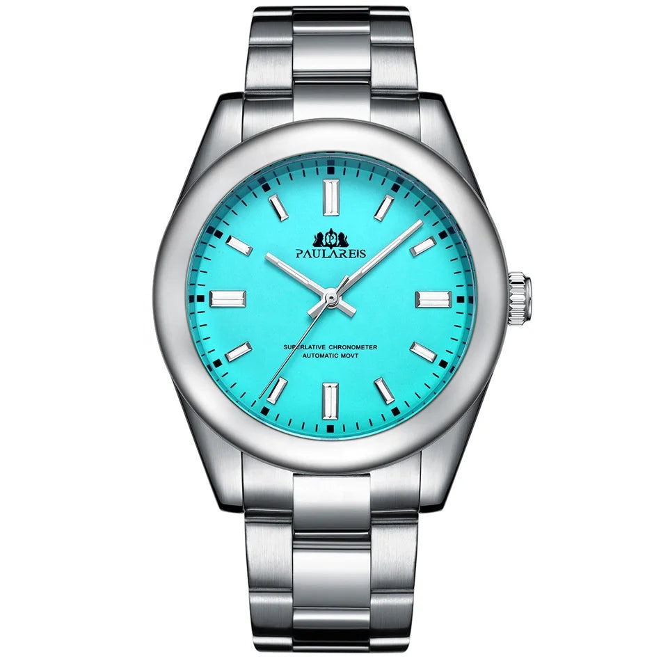 PAULAREIS Luxury Men’s Automatic Watch – Luminous Sky Blue Dial, Waterproof Mechanical Wristwatch with Stainless Steel Band Allen