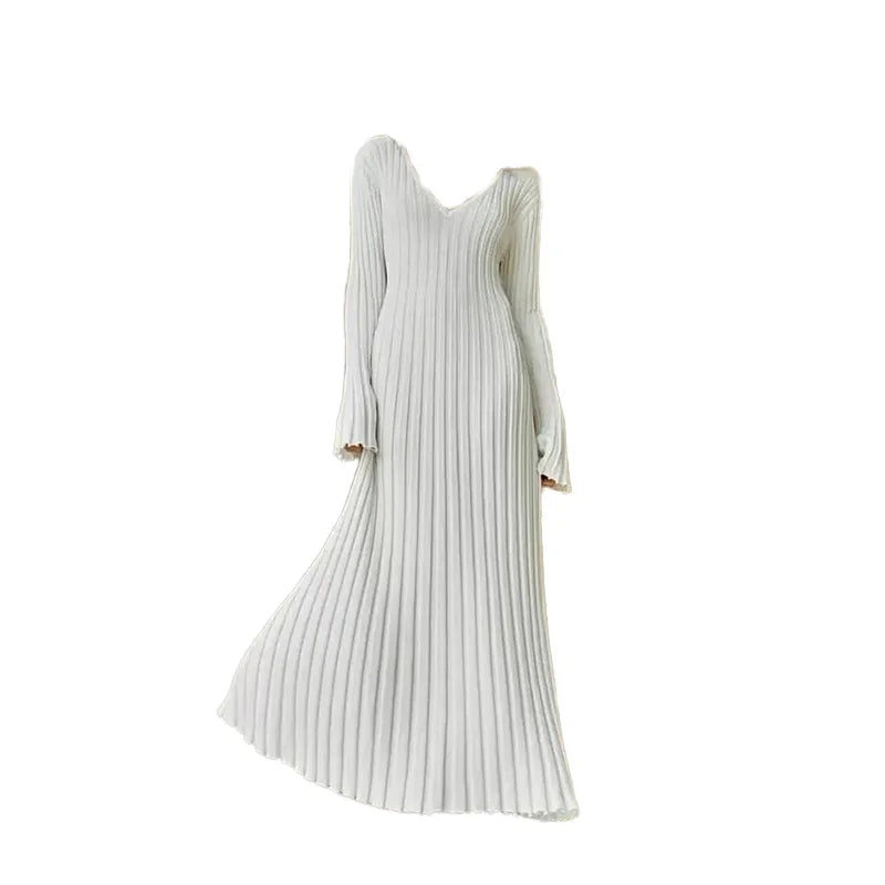 Elegant Ribbed Knit A-Line Maxi Dress for Women – Fall Winter V-Neck Long Dress | Simple & Chic Style Alexa