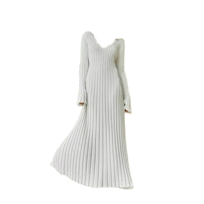 Elegant Ribbed Knit A-Line Maxi Dress for Women – Fall Winter V-Neck Long Dress | Simple & Chic Style Alexa