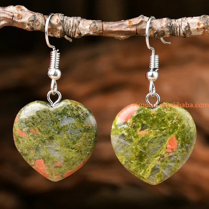 Natural Stone Dangle Earrings – Turquoise, Amethyst, Tiger Eye Heart Design, Handmade Jewelry for Women
