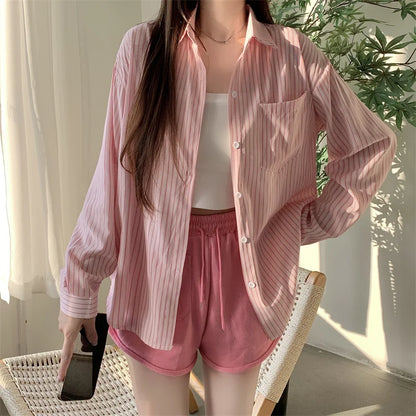 Women's Striped Loose Shirt | Retro Korean Casual Long Sleeve Blouse Rachel