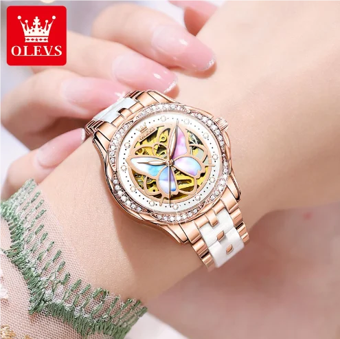 OLEVS 6615 Women's Diamond Mechanical Watch – Butterfly Hollow Design, Waterproof, Luxury Ladies Timepiece