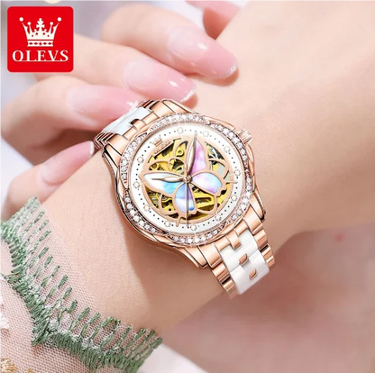 OLEVS 6615 Women's Diamond Mechanical Watch – Butterfly Hollow Design, Waterproof, Luxury Ladies Timepiece