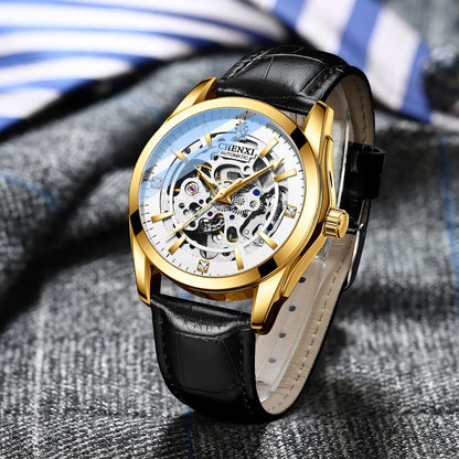 CHENXI 
8821 Men’s Transparent Skeleton Watch – 40mm Automatic Movement, Waterproof Leather Wristwatch