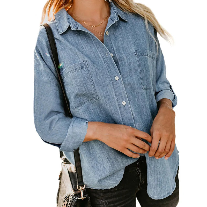 Women Denim Shirt Loose Double Pocket Long Pure Color Sleeve Versatile Shirt