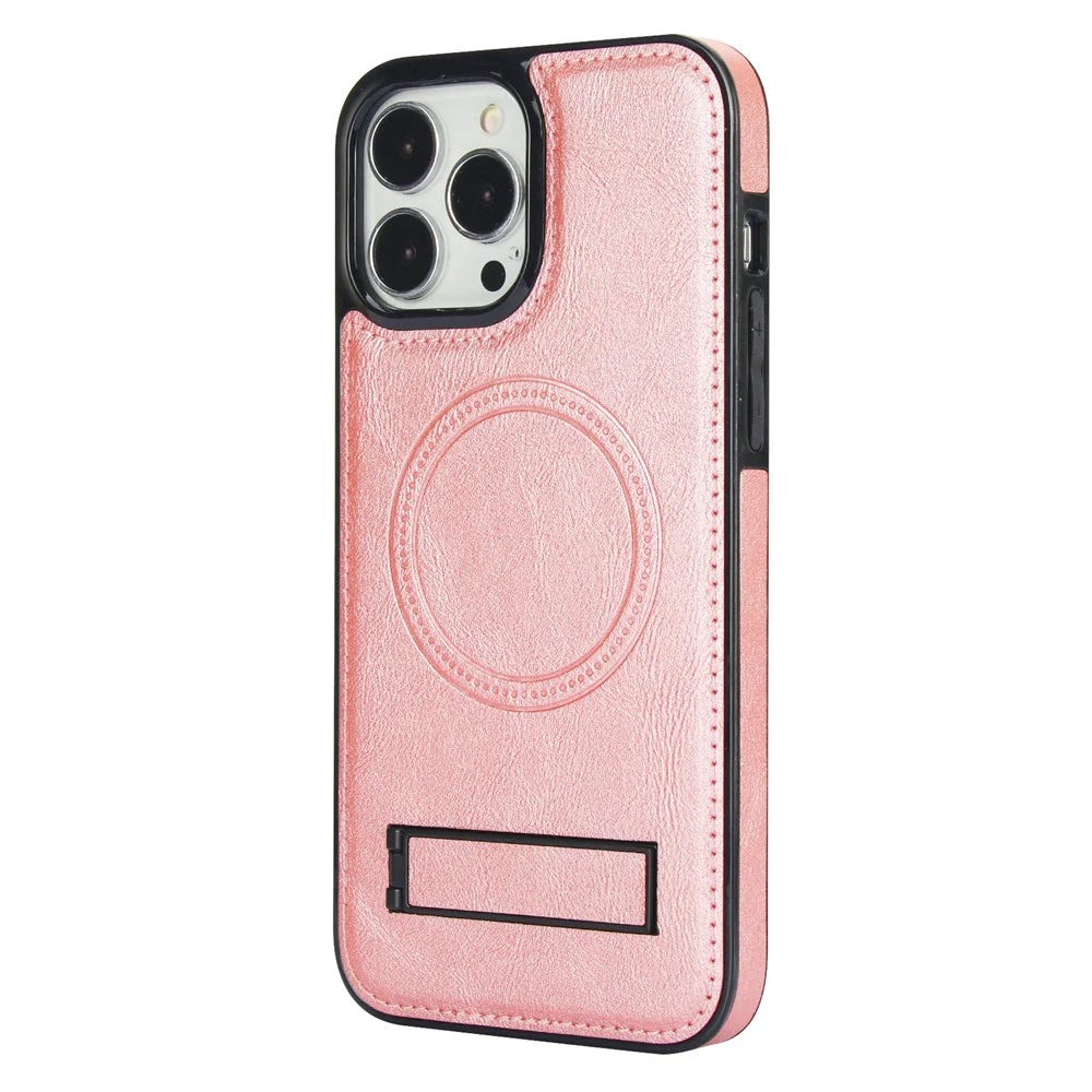 Luxury Leather Strong Magnetic Wireless Charging Mobile Case for iPhone 15 14 12 Pro Max Kickstand Phone Case