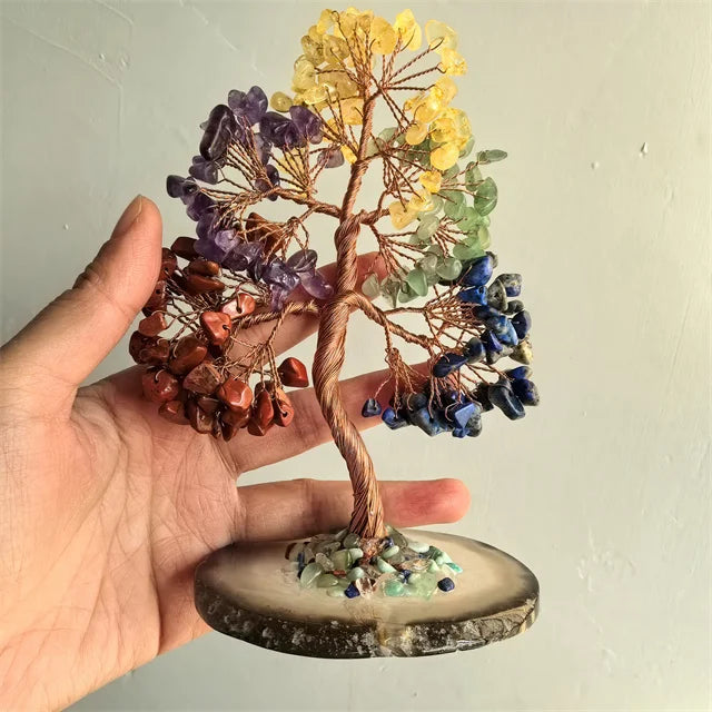 15-16cm 5 Chakra Crystal Money Tree with Agate Coaster – Natural Gemstone Chips for Decor & Energy Balance
