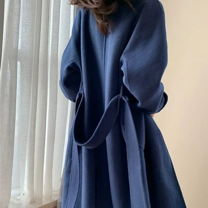 Women's Long Wool Coat – Elegant Solid Color Lapel V-Neck Midi Overcoat Victoria