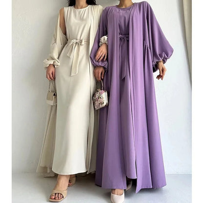 Two-Piece Abaya Set with Long Sleeve Outer & Sleeveless Inner Dress – Dubai & Turkey Style Muslim Nabila