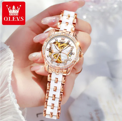OLEVS 6622 Women's Diamond Automatic Watch – Elegant Butterfly Design, Waterproof, Luminous Mechanical Wristwatch