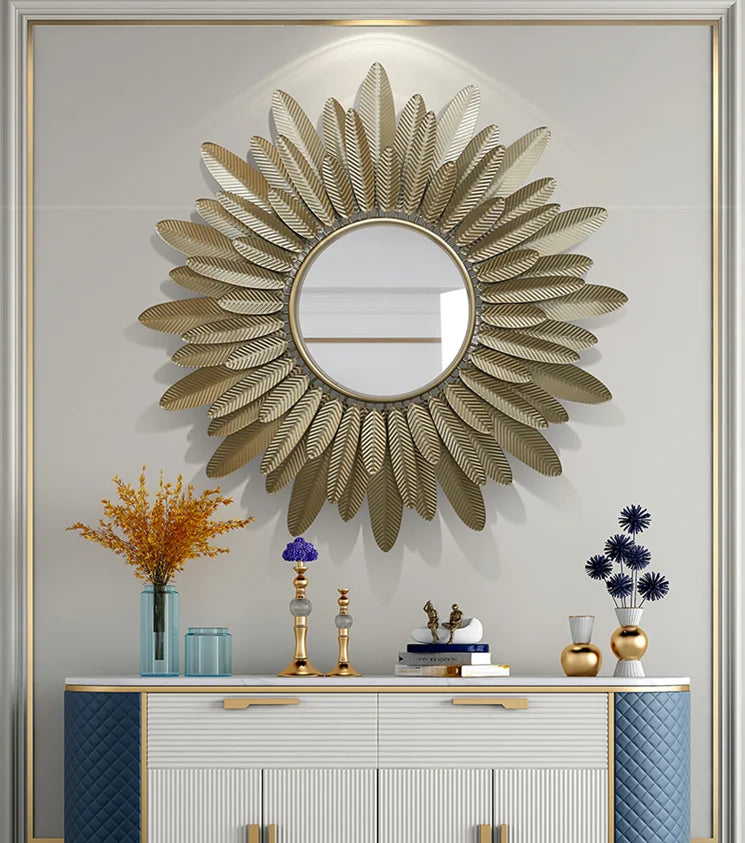 Large Gold Metal Frame Wall Art Mirror – Modern Feather Design Decorative Mirror for Living Room