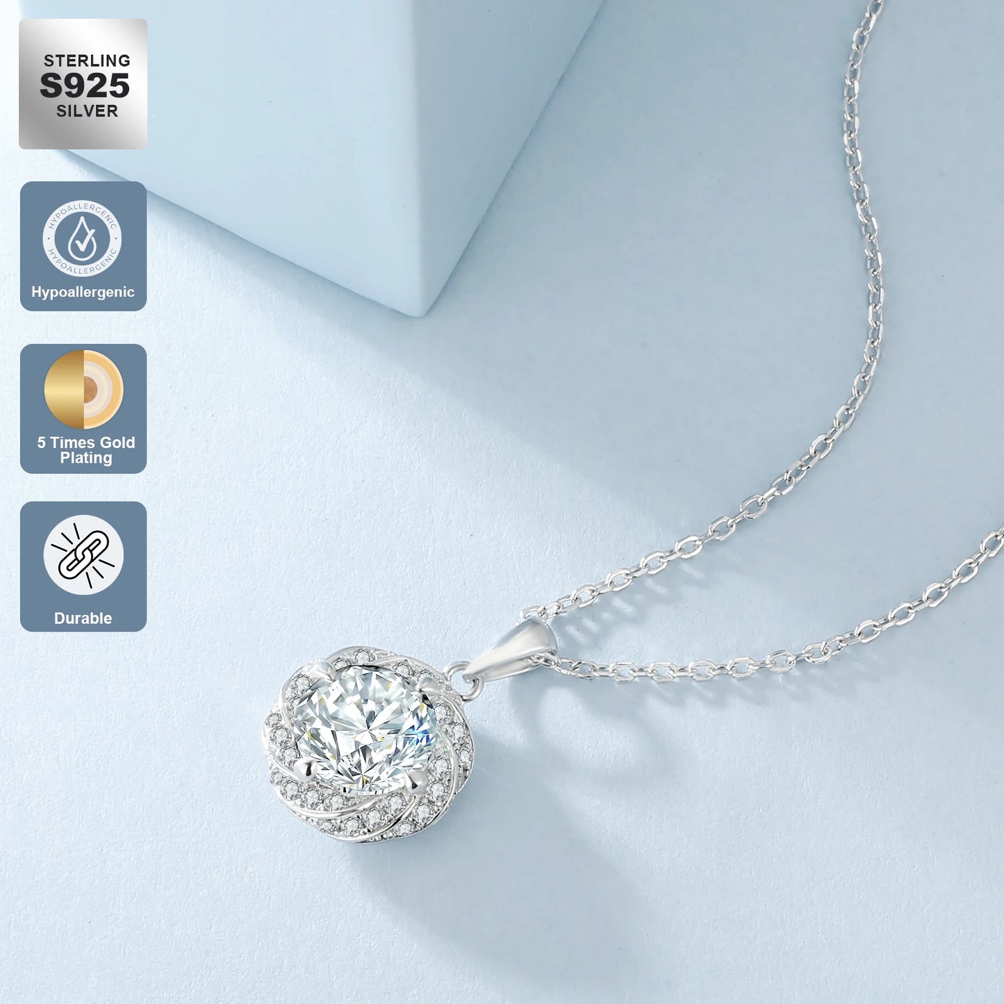 1 Carat Moissanite Pendant Necklace – 925 Sterling Silver White Gold-Plated VVS Round Solitaire Halo Moissanite Diamond Chain