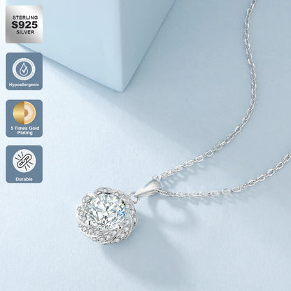 1 Carat Moissanite Pendant Necklace – 925 Sterling Silver White Gold-Plated VVS Round Solitaire Halo Moissanite Diamond Chain