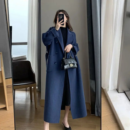 Women's Long Wool Coat – Elegant Solid Color Lapel V-Neck Midi Overcoat Victoria