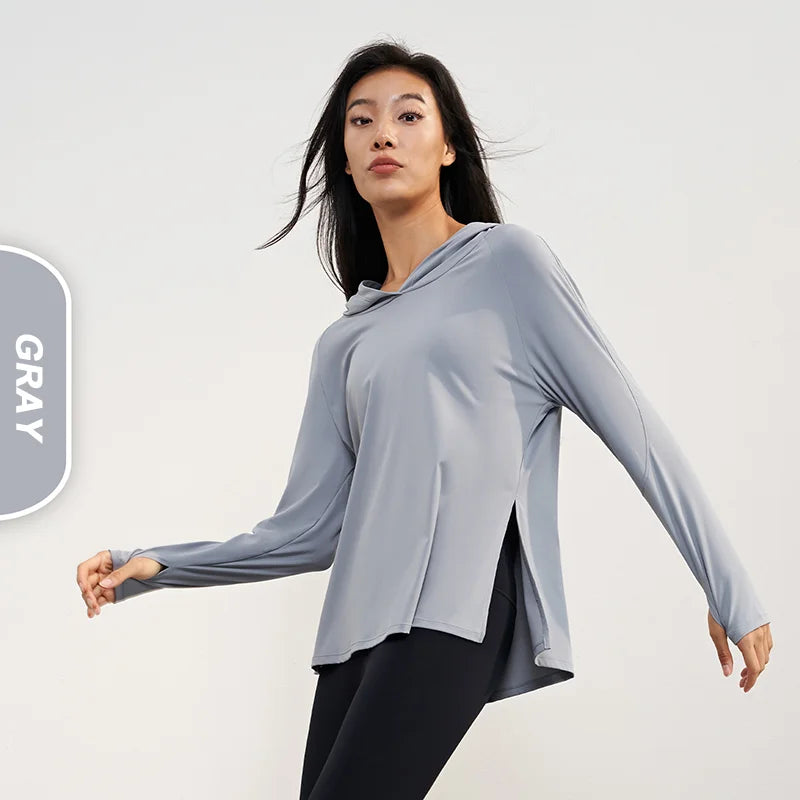 Women's Nude Feeling Workout Top | Split Hem Long Sleeve Hooded Yoga Shirt