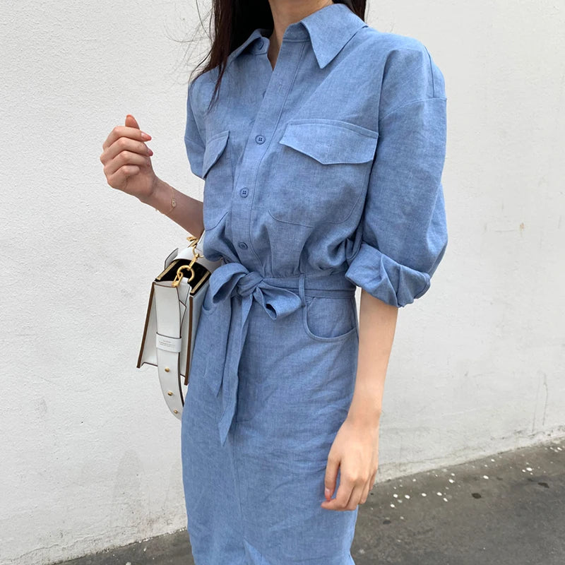 Women's French Lapel Dress | Slim Fit Single-Breasted Solid Color Fashion Judy