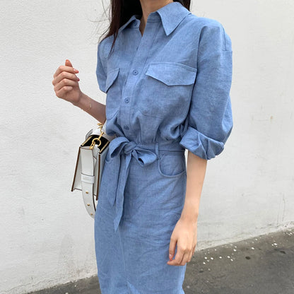 Women's French Lapel Dress | Slim Fit Single-Breasted Solid Color Fashion Judy