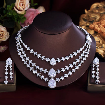 Shiny White Zirconia 3-Layer Water Drop Leaf Necklace & Earrings – Luxury Bridal Wedding Jewelry Set for Women | Party Wear Eleanore
