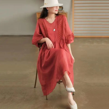 Women Casual Dress Long Sleeve Solid Color V Neck Midi Cotton Linen Dress Linen Dresses Women