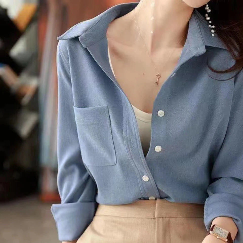 Women's Long Sleeve Corduroy Shirt – Lapel Collar Single-Breasted Button-Up Blouse with Pockets Stella