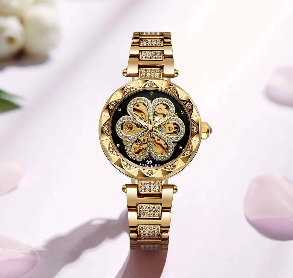 Forsining 342 Women's Automatic Mechanical Watch – Elegant Flower Design, Stainless Steel Fashion Wristwatch