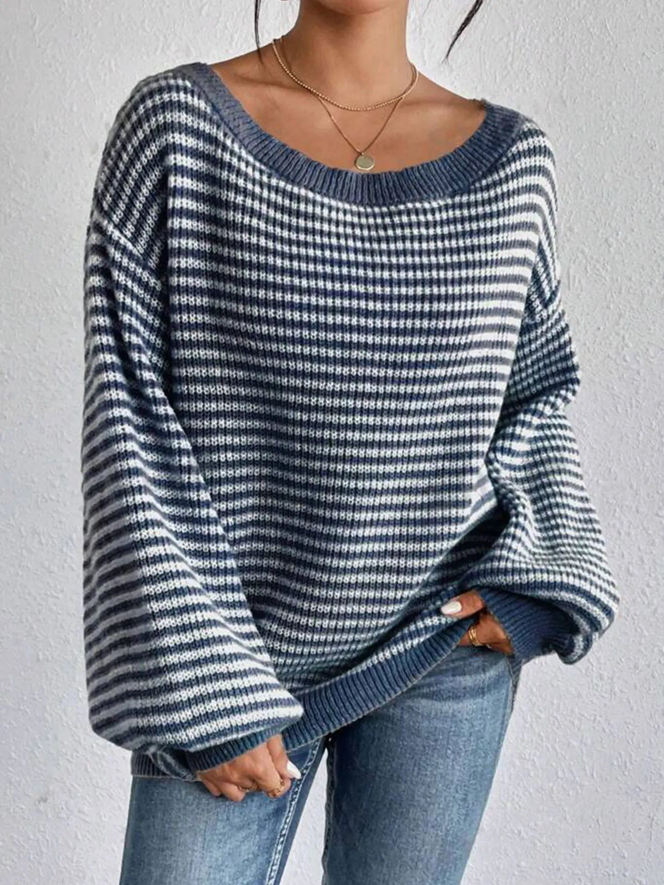 Women's Oversized Striped Knit Sweater - Casual Autumn Wool Pullover with Puff Long Sleeves and Crewneck Millicent