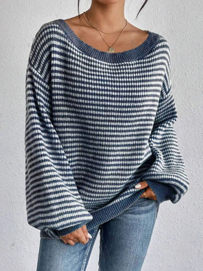 Women's Oversized Striped Knit Sweater - Casual Autumn Wool Pullover with Puff Long Sleeves and Crewneck Millicent
