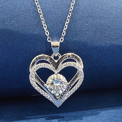 925 Sterling Silver 1 Carat Moissanite Double Love Pendant Necklace – Unique Fashion Jewelry, Perfect Holiday Gift for Girlfriend, Wife, or Mother Simone