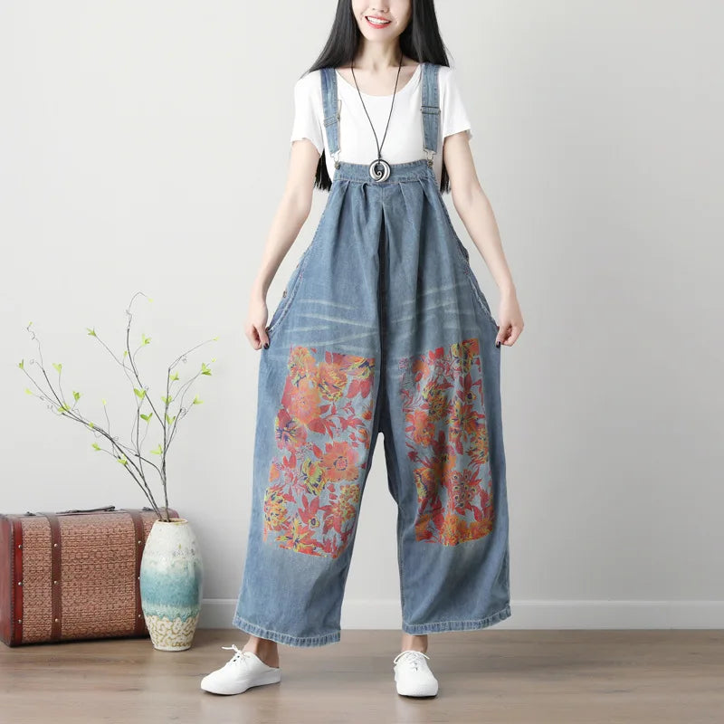 Women's Plus Size Wide-Leg Denim Jumpsuit – Printed Backband, Washed Finish, and Literary Style Ginny