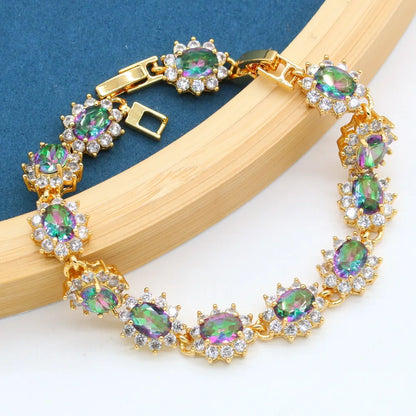Rainbow Stones Gold Jewelry Set for Women – Bracelet, Earrings, Necklace, and Ring | Perfect Gift for Parties & Birthdays Priscille
