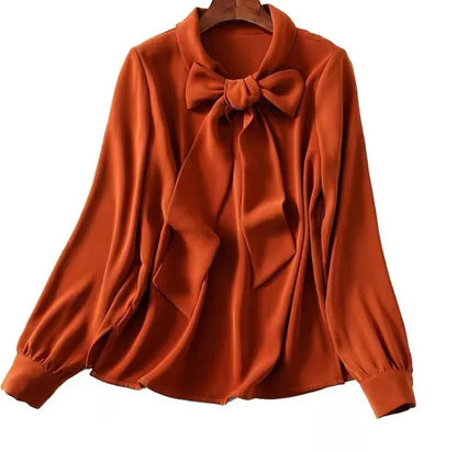 Women's Solid Color Bow Tie Blouse - Long Sleeve Casual Shirt, High-Quality Pullover Top