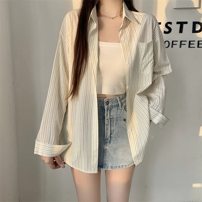 Women's Striped Loose Shirt | Retro Korean Casual Long Sleeve Blouse Rachel