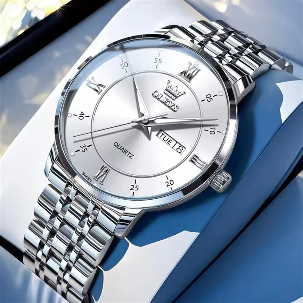 OLEVS 3680 Men's Quartz Watch – Original Movement, Stainless Steel, Waterproof, Luminous Large Dial, Date Function, New Design