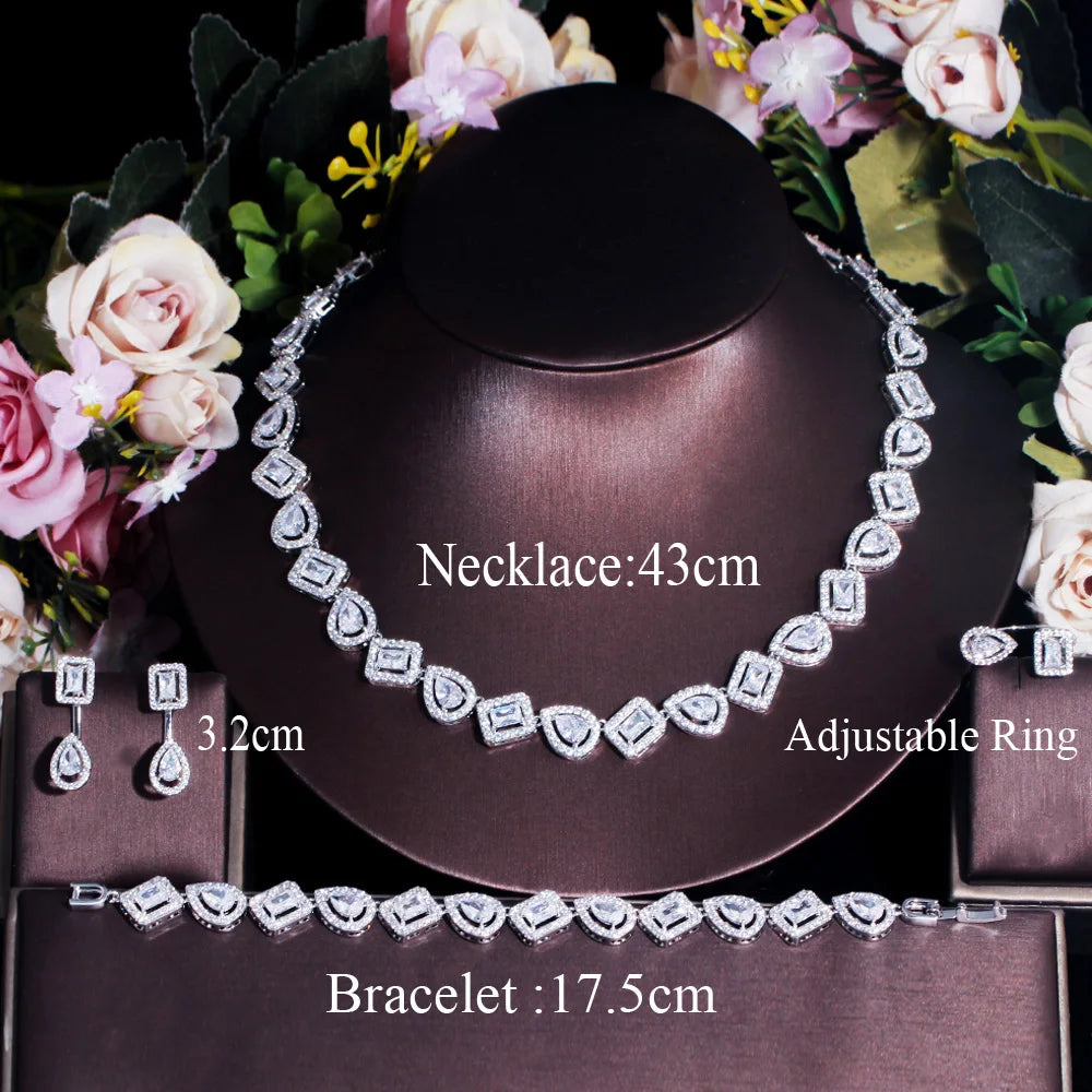 Silver Water Drop Cubic Zirconia Jewelry Set – 4pcs Ring, Bracelet, Earrings & Necklace | Luxury Accessories for Women Angelique