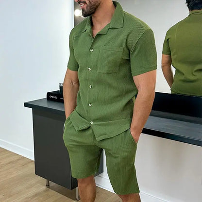 Men's Two-Piece Summer Outfit | Casual Solid Rib Short-Sleeve Shirt & Shorts with Drawstring Pockets - Perfect for Beach & Holidays Matthew