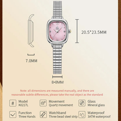 Shengke Women's Luxury Pink Pearl Dial Watch – Elegant Square Case Quartz Wristwatch, Minimalist Ladies Gift for Women