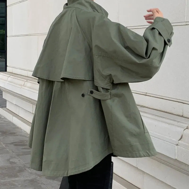 Korean Retro Short Trench Coat – Autumn British Style Stand-Up Collar Cloak Design Meg
