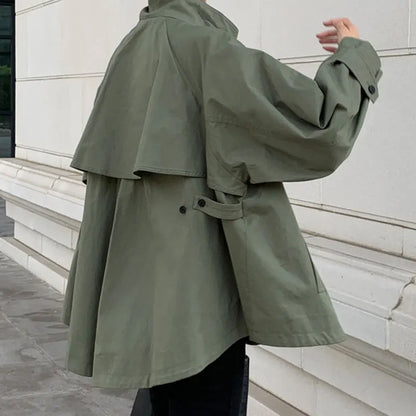 Korean Retro Short Trench Coat – Autumn British Style Stand-Up Collar Cloak Design Meg