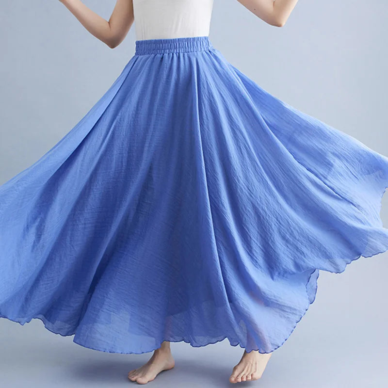 Women Loose Cotton Linen Elastic Waist A-line Solid Color Pleated Skirt