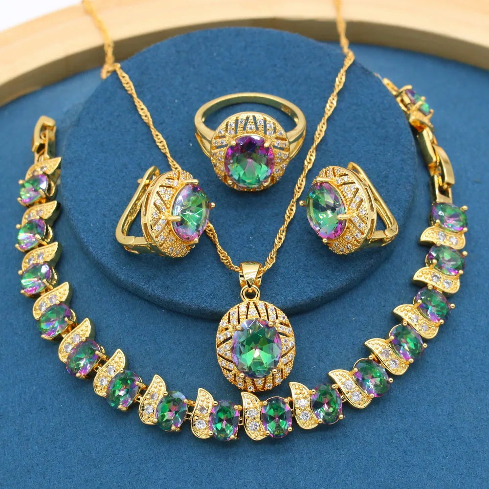 Geometric Gold-Plated Jewelry Set for Women – Rainbow Stone Alloy Bracelet, Hoop Earrings, Necklace & Ring | Perfect Wedding, Party & Birthday Gift Mireille