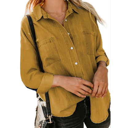 Women Denim Shirt Loose Double Pocket Long Pure Color Sleeve Versatile Shirt