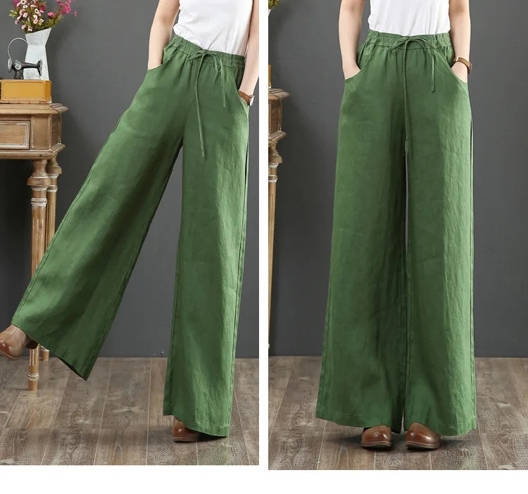 Women's Retro High-Waist Wide-Leg Cotton Linen Pants - Loose Fit, Plus Size Casual Trousers